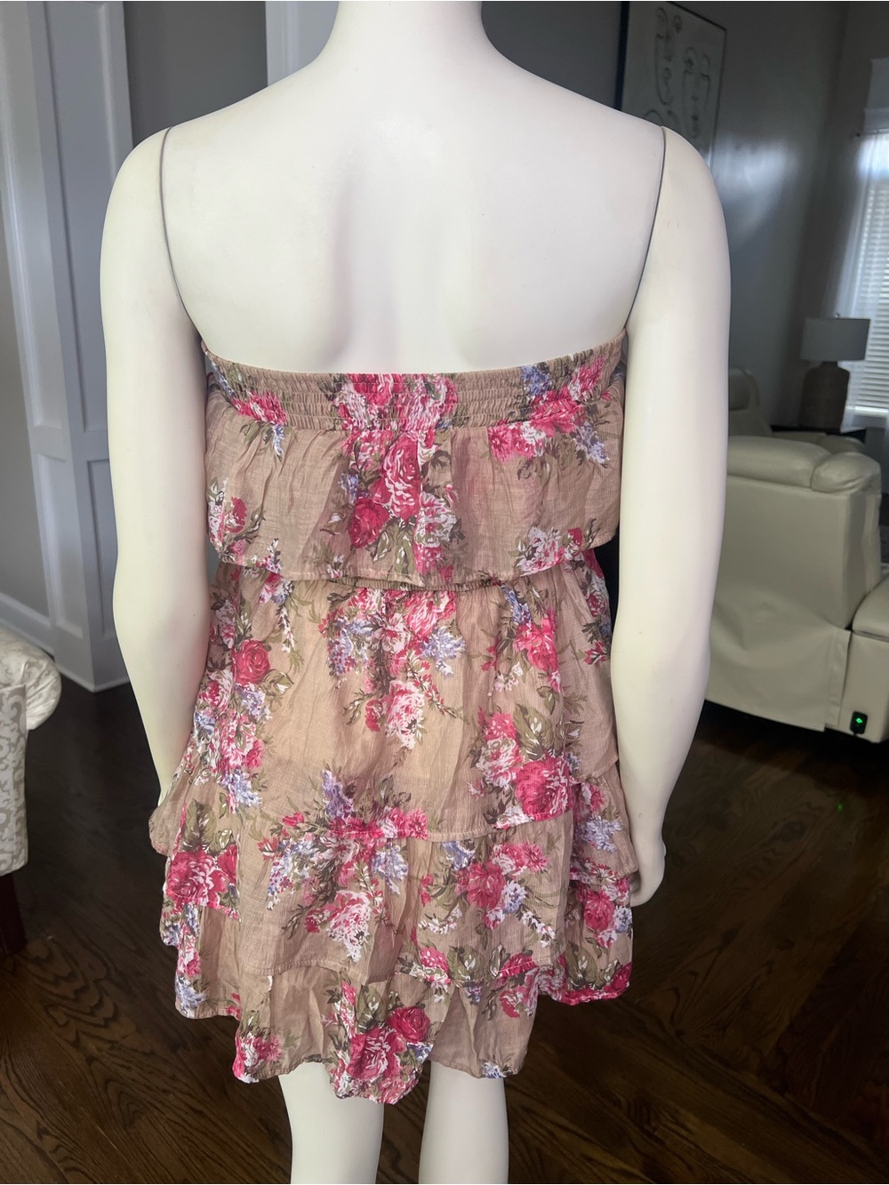 Body Central Strapless Ruffled Floral Mini Dress in Taupe and Pink - Picture 5 of 7